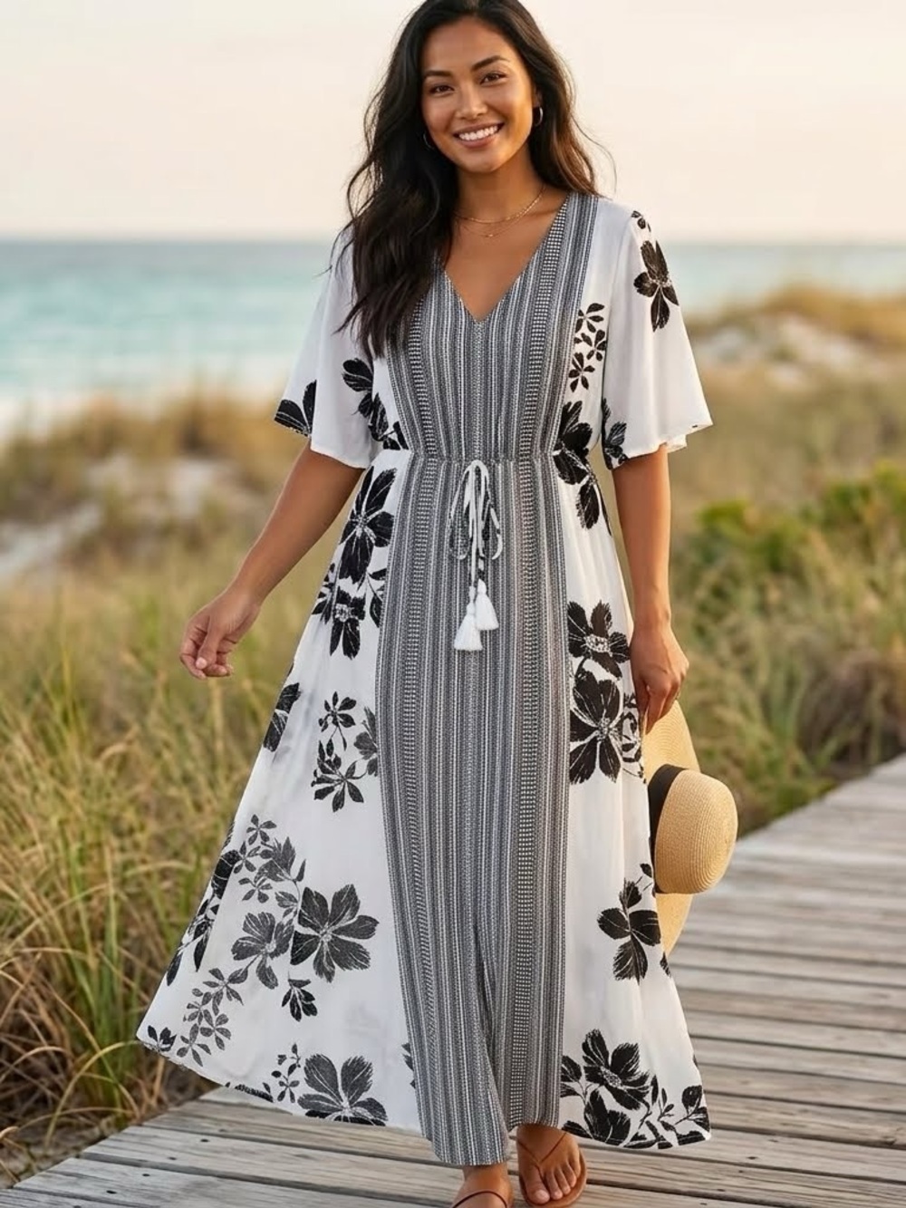 Japna Black White Floral Romper Maxi Dress Slit Front XS EUC